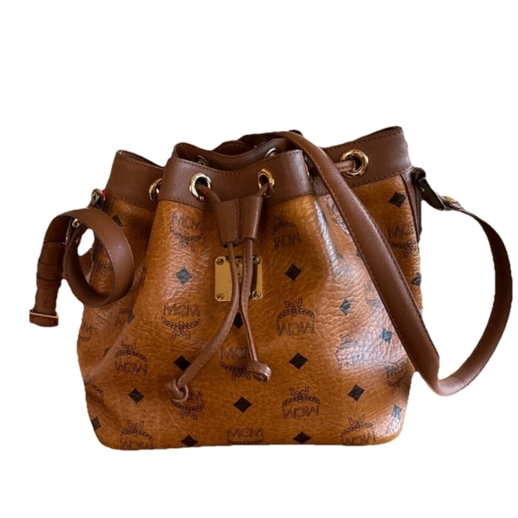 MCM Handbags - MCM Cognac Visetos Bucket Crossbody Shoulder Bag